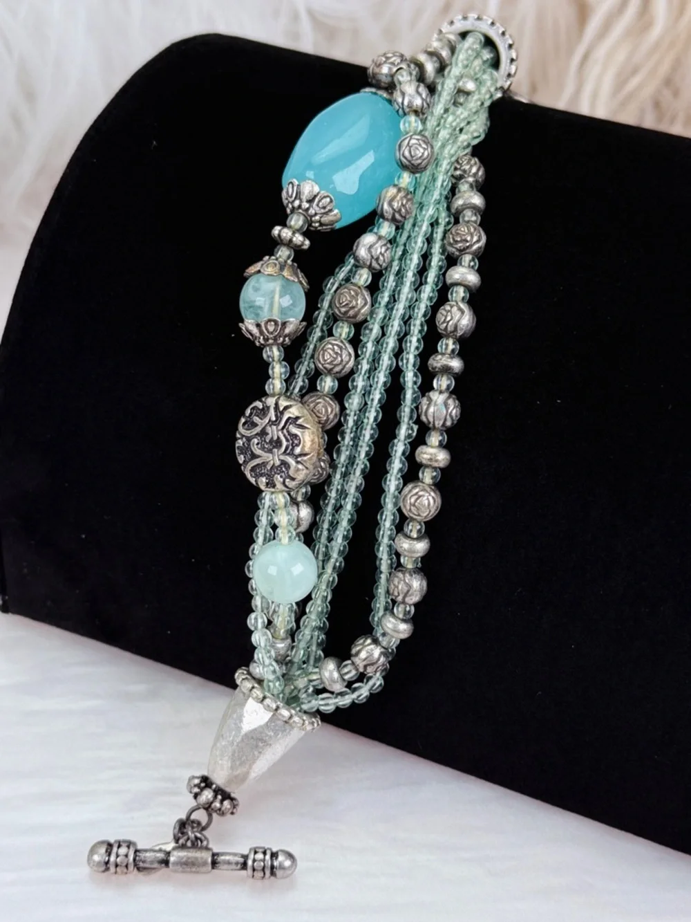 Bohemian Chic Multi-Strand Mint Bead and Silvertone Toggle Bracelet